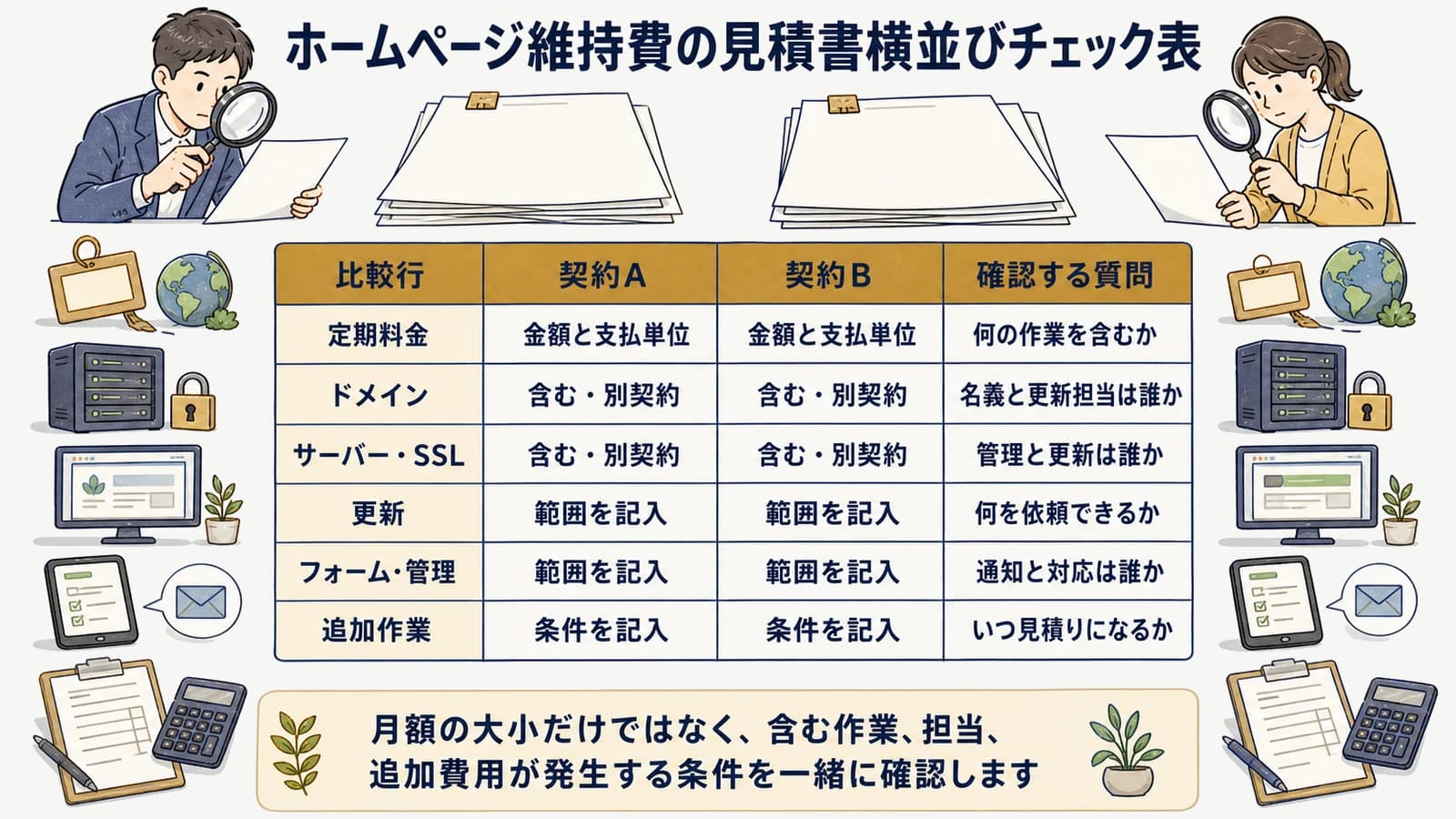 ホームページ維持費の見積書横並びチェック表