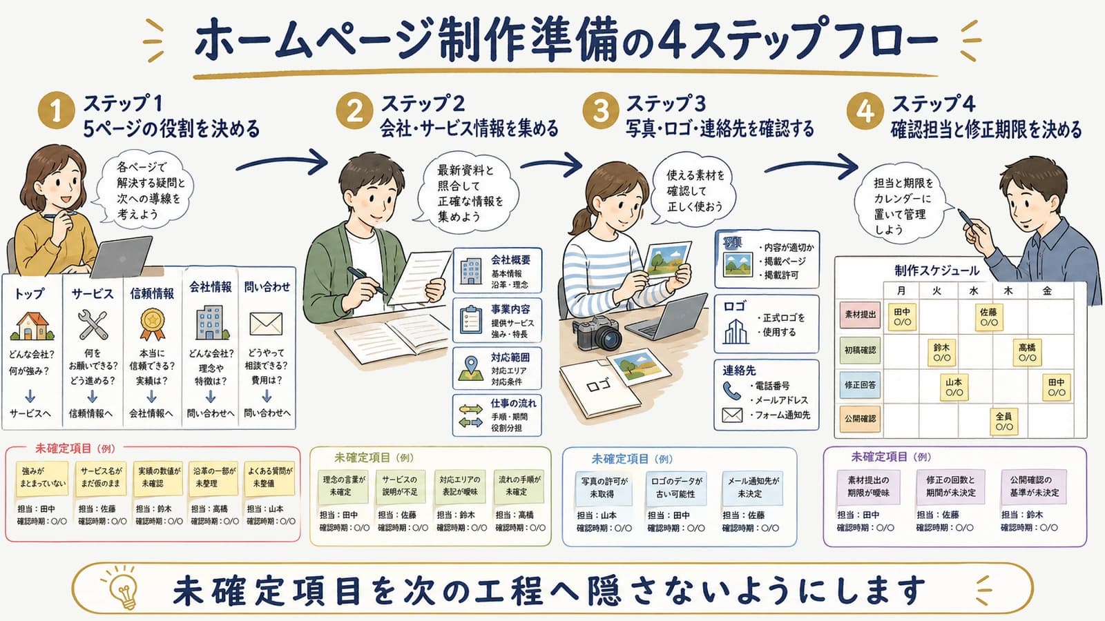 ホームページ制作準備の4ステップフロー