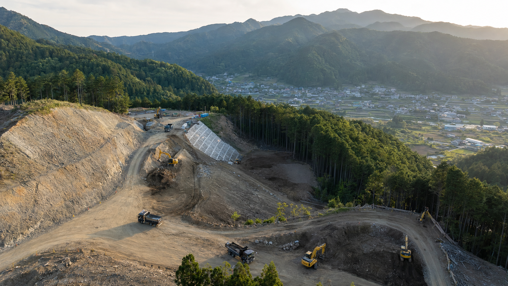 山あいを縫うように延びる道路工事現場の空撮